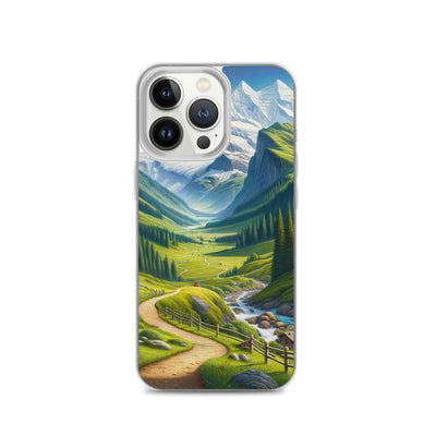 Wanderer in den Bergen und Wald: Digitale Malerei mit grünen kurvenreichen Pfaden - iPhone Schutzhülle (durchsichtig) wandern xxx yyy zzz iPhone 13 Pro