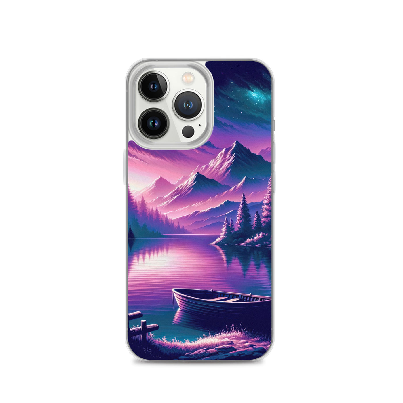 Magische Alpen-Dämmerung, rosa-lila Himmel und Bergsee mit Boot - iPhone Schutzhülle (durchsichtig) berge xxx yyy zzz iPhone 13 Pro