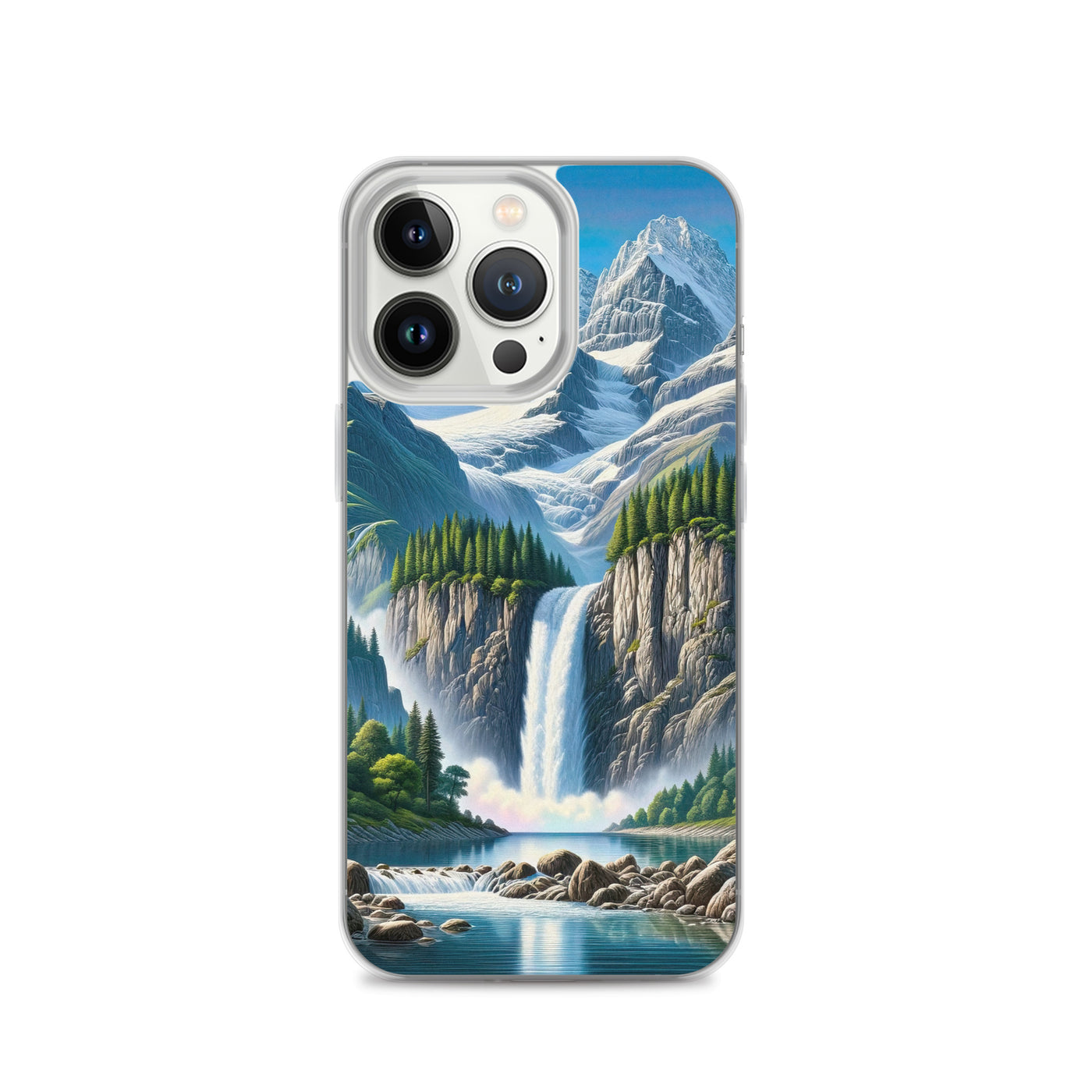 Illustration einer unberührten Alpenkulisse im Hochsommer. Wasserfall und See - iPhone Schutzhülle (durchsichtig) berge xxx yyy zzz iPhone 13 Pro