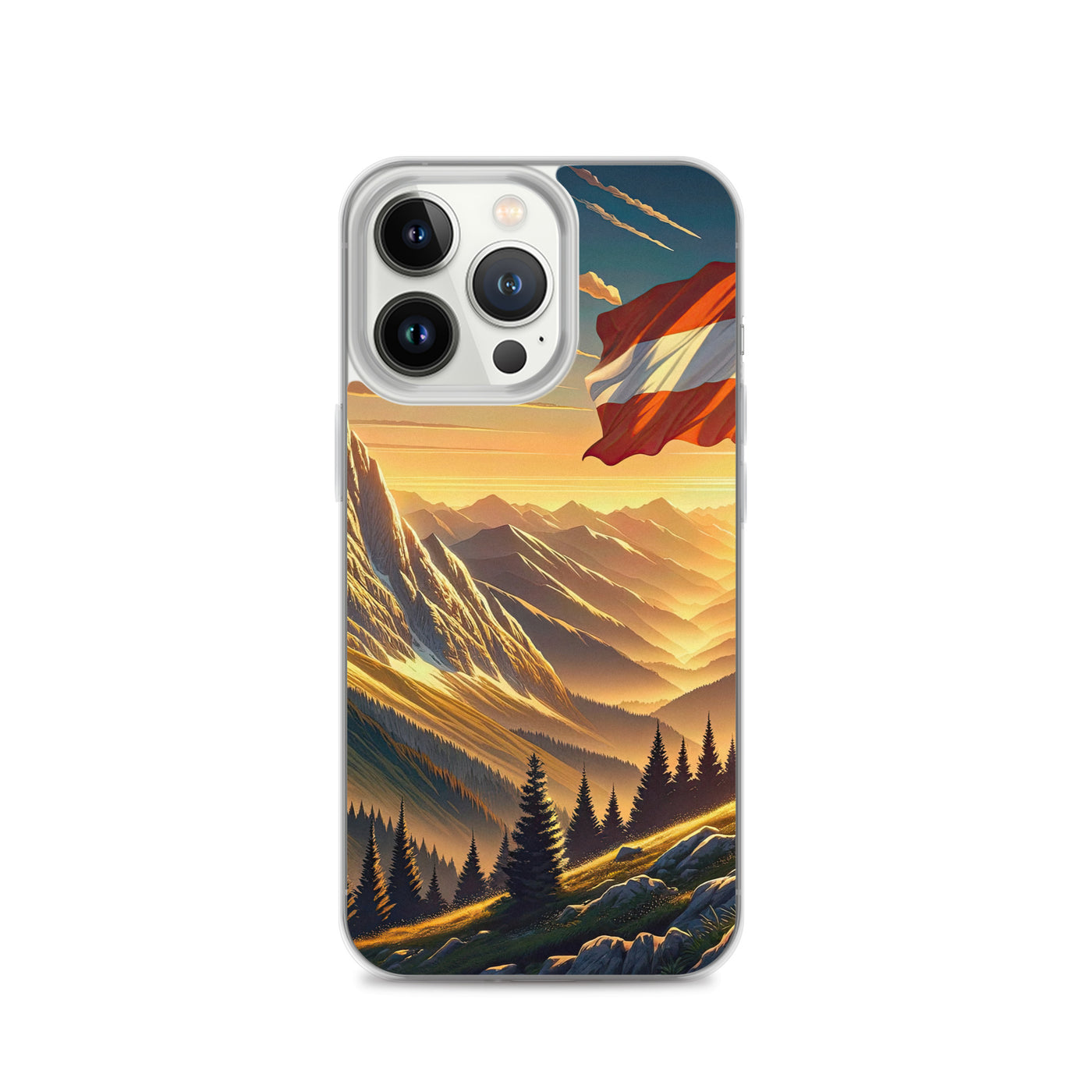 Ruhiger Alpenabend mit österreichischer Flagge und goldenem Sonnenuntergang - iPhone Schutzhülle (durchsichtig) berge xxx yyy zzz iPhone 13 Pro
