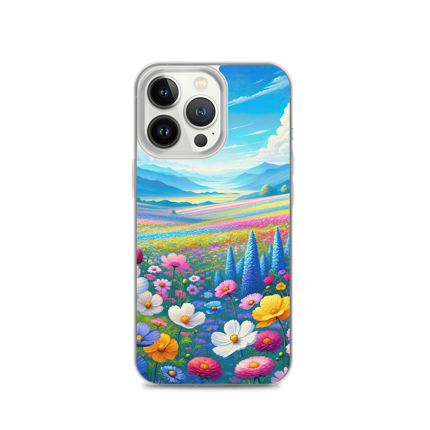 Weitläufiges Blumenfeld unter himmelblauem Himmel, leuchtende Flora - iPhone Schutzhülle (durchsichtig) camping xxx yyy zzz iPhone 13 Pro