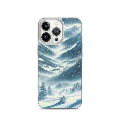 Alpine Wildnis im Wintersturm mit Skifahrer, verschneite Landschaft - iPhone Schutzhülle (durchsichtig) klettern ski xxx yyy zzz iPhone 13 Pro