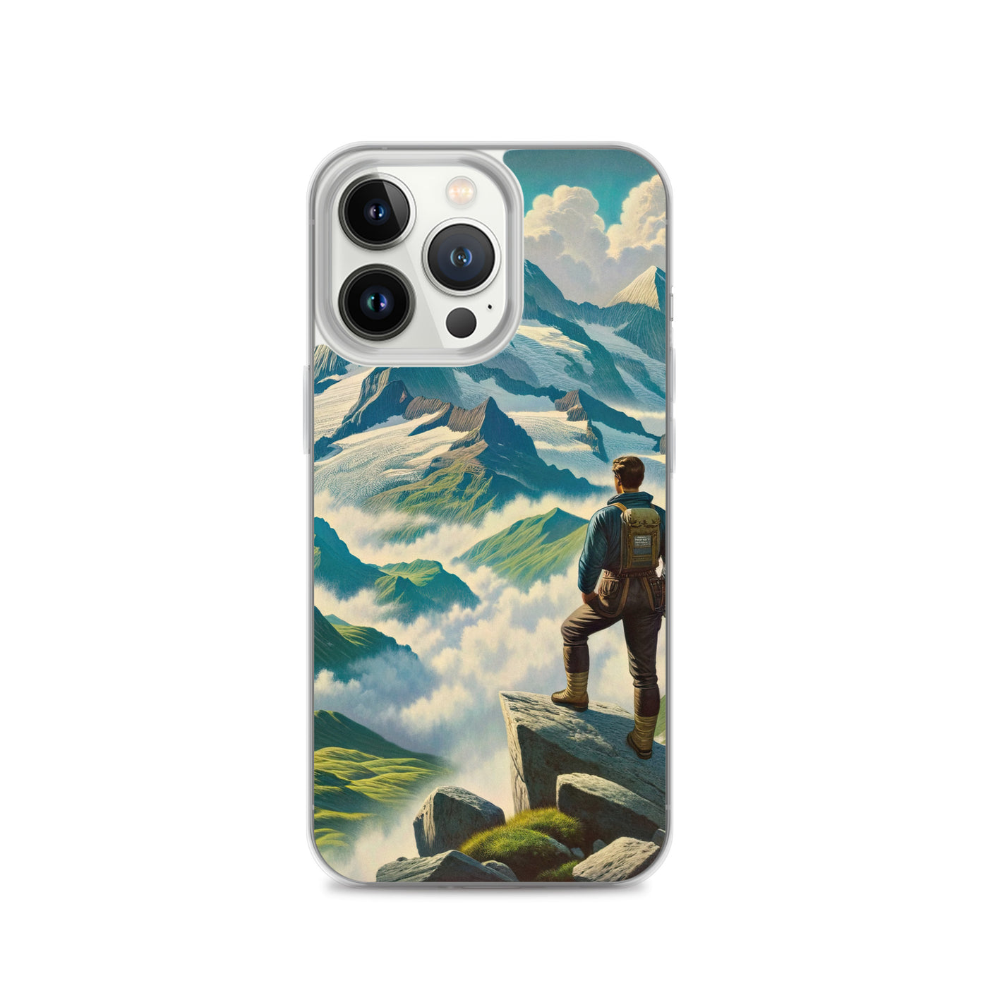 Panoramablick der Alpen mit Wanderer auf einem Hügel und schroffen Gipfeln - iPhone Schutzhülle (durchsichtig) wandern xxx yyy zzz iPhone 13 Pro