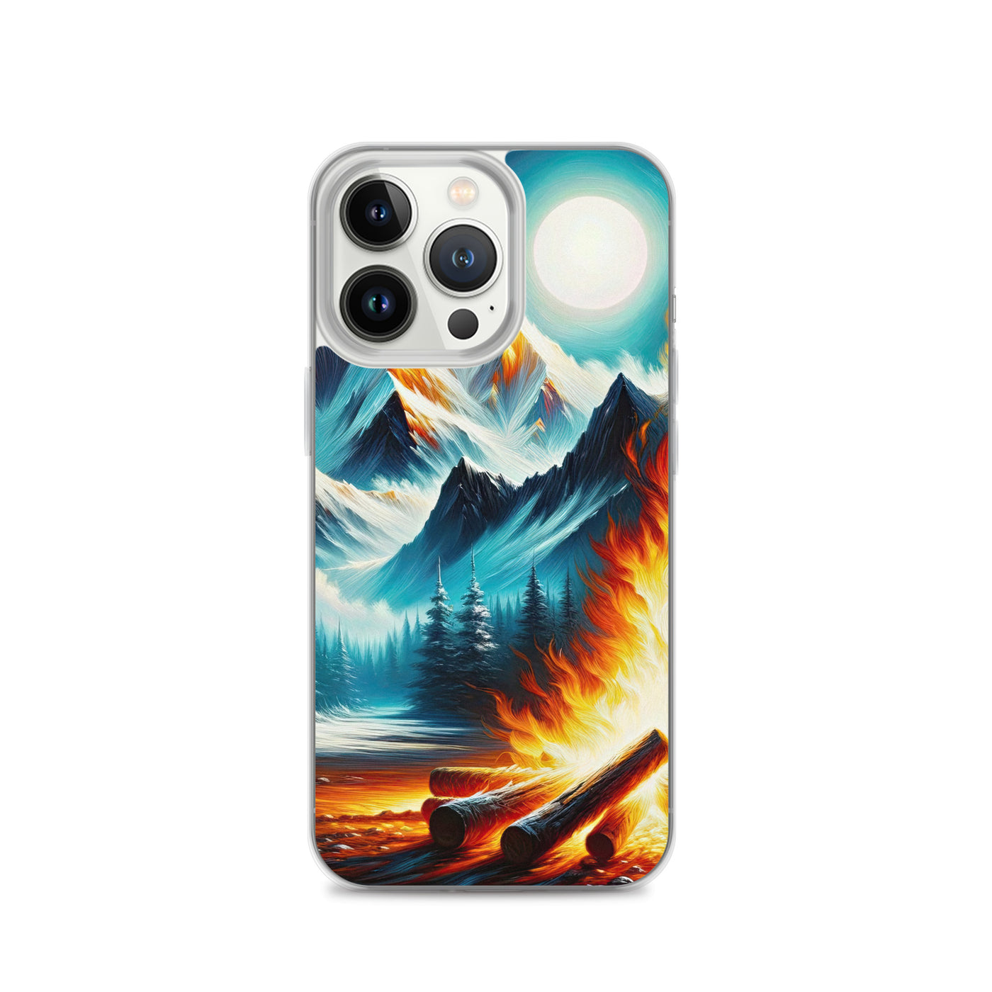 Ölgemälde von Feuer und Eis: Lagerfeuer und Alpen im Kontrast, warme Flammen - iPhone Schutzhülle (durchsichtig) camping xxx yyy zzz iPhone 13 Pro