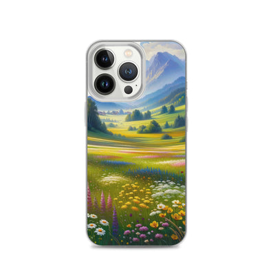 Ölgemälde einer Almwiese, Meer aus Wildblumen in Gelb- und Lilatönen - iPhone Schutzhülle (durchsichtig) berge xxx yyy zzz iPhone 13 Pro