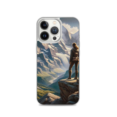 Ölgemälde der Alpengipfel mit Schweizer Abenteurerin auf Felsvorsprung - iPhone Schutzhülle (durchsichtig) wandern xxx yyy zzz iPhone 13 Pro
