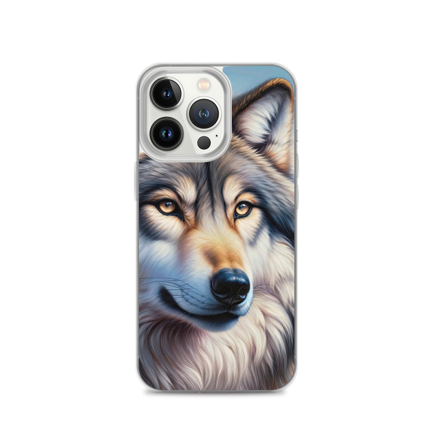 Ölgemäldeporträt eines majestätischen Wolfes mit intensiven Augen in der Berglandschaft (AN) - iPhone Schutzhülle (durchsichtig) xxx yyy zzz iPhone 13 Pro