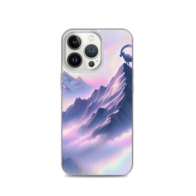 Pastellzeichnung der Alpen im Morgengrauen mit Steinbock in Rosa- und Lavendeltönen - iPhone Schutzhülle (durchsichtig) berge xxx yyy zzz iPhone 13 Pro