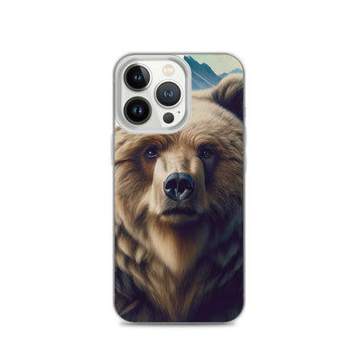 Foto eines Bären vor abstrakt gemalten Alpenbergen, Oberkörper im Fokus - iPhone Schutzhülle (durchsichtig) camping xxx yyy zzz iPhone 13 Pro