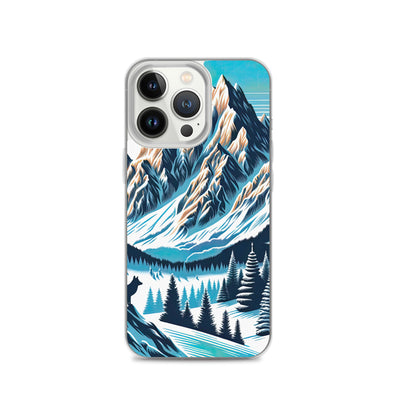 Vektorgrafik eines Wolfes im winterlichen Alpenmorgen, Berge mit Schnee- und Felsmustern - iPhone Schutzhülle (durchsichtig) berge xxx yyy zzz iPhone 13 Pro