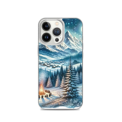 Aquarell eines Winterabends in den Alpen mit Lagerfeuer und Wanderern, glitzernder Neuschnee - iPhone Schutzhülle (durchsichtig) camping xxx yyy zzz iPhone 13 Pro
