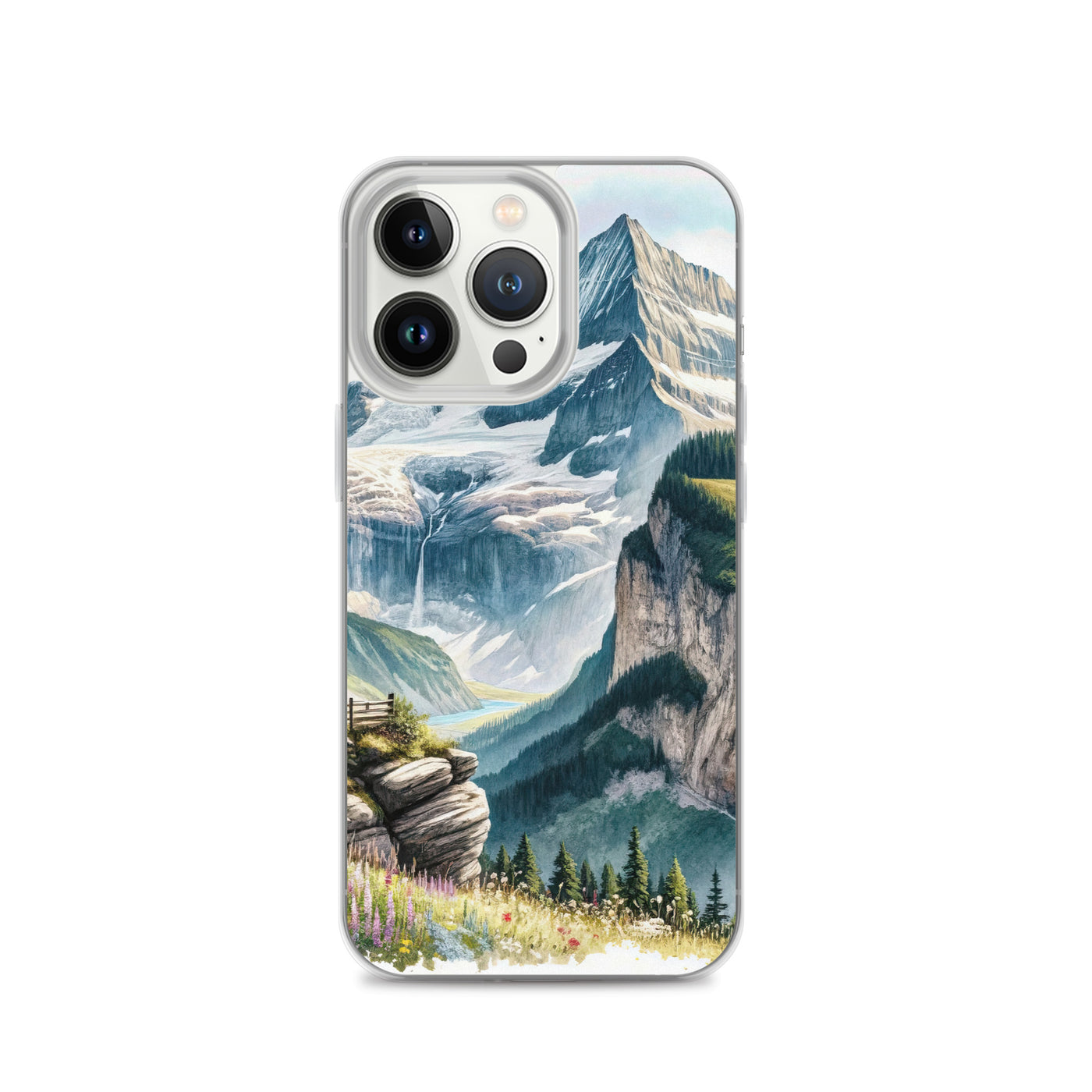Aquarell-Panoramablick der Alpen mit schneebedeckten Gipfeln, Wasserfällen und Wanderern - iPhone Schutzhülle (durchsichtig) wandern xxx yyy zzz iPhone 13 Pro