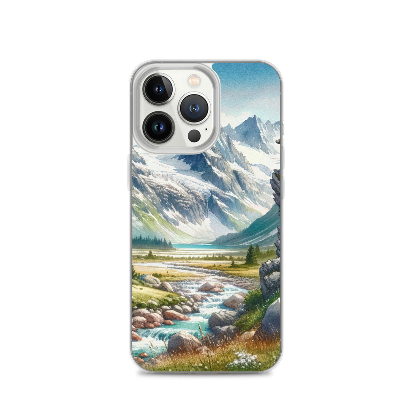 Aquarellmalerei eines Bären und der sommerlichen Alpenschönheit mit schneebedeckten Ketten - iPhone Schutzhülle (durchsichtig) camping xxx yyy zzz iPhone 13 Pro