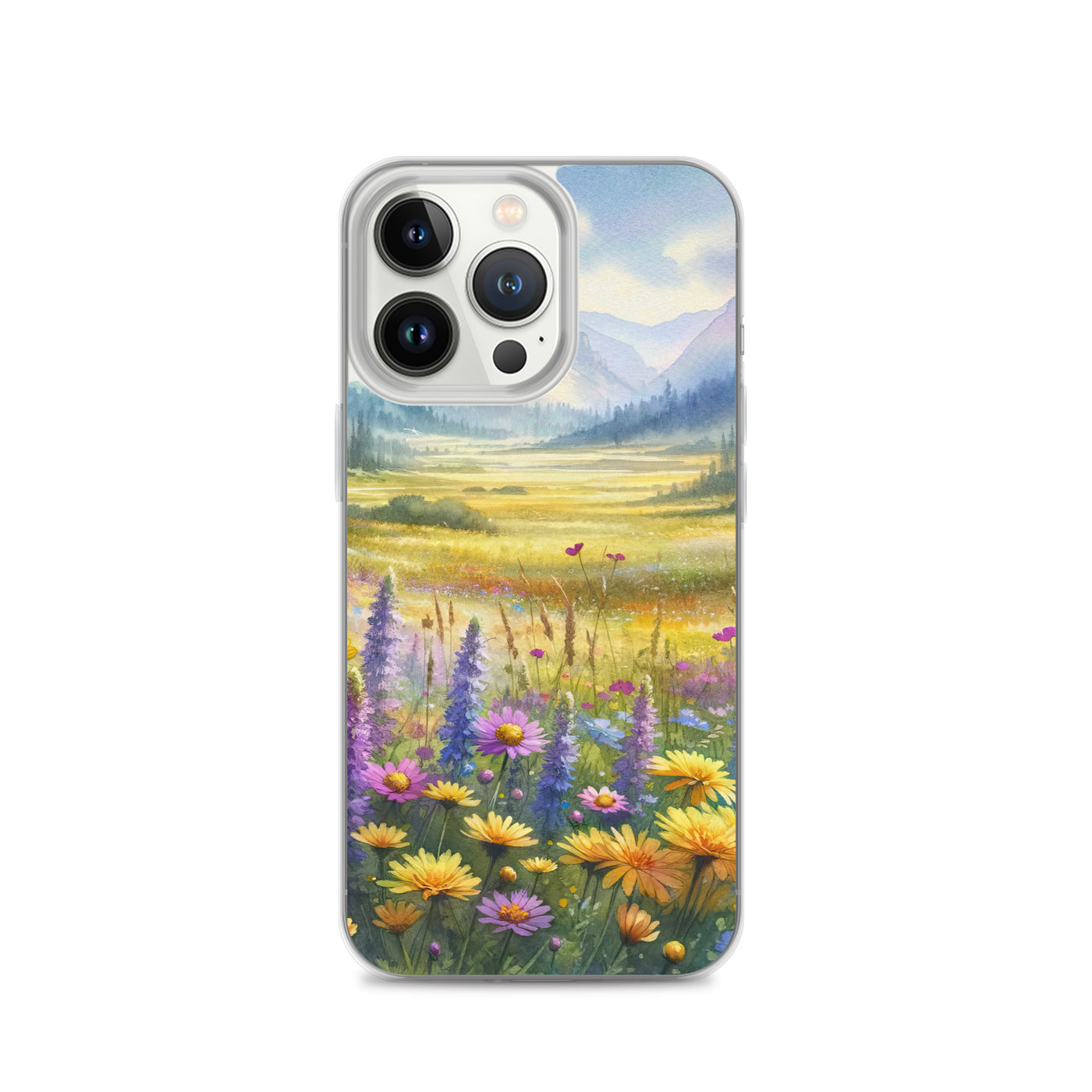 Aquarell einer Almwiese in Ruhe, Wildblumenteppich in Gelb, Lila, Rosa - iPhone Schutzhülle (durchsichtig) berge xxx yyy zzz iPhone 13 Pro