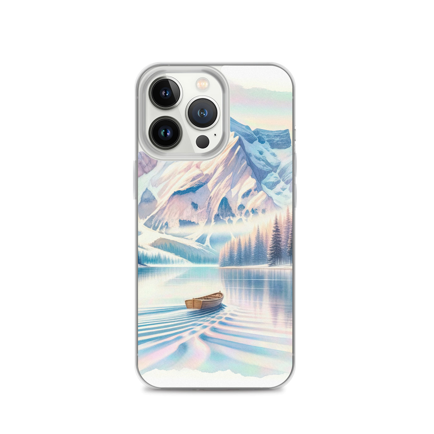 Aquarell eines klaren Alpenmorgens, Boot auf Bergsee in Pastelltönen - iPhone Schutzhülle (durchsichtig) berge xxx yyy zzz iPhone 13 Pro