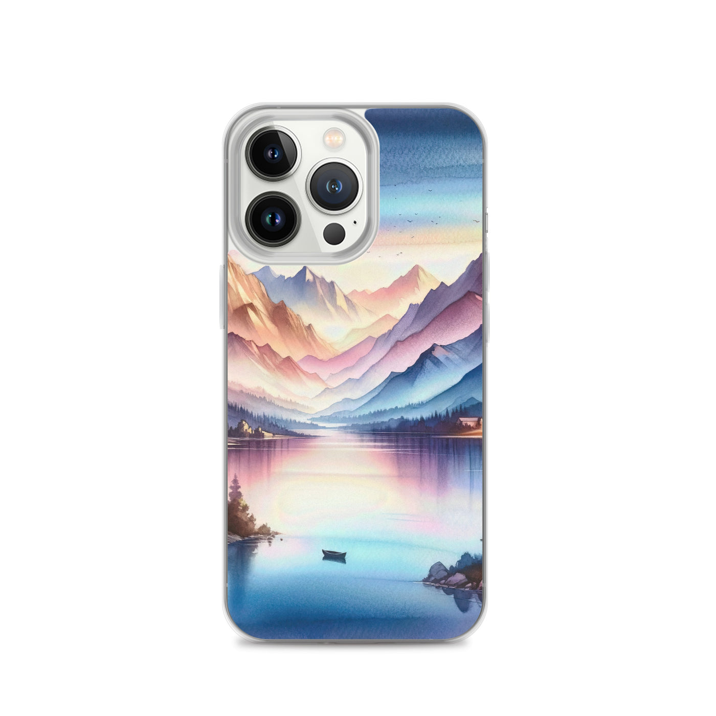 Aquarell einer Dämmerung in den Alpen, Boot auf einem See in Pastell-Licht - iPhone Schutzhülle (durchsichtig) berge xxx yyy zzz iPhone 13 Pro