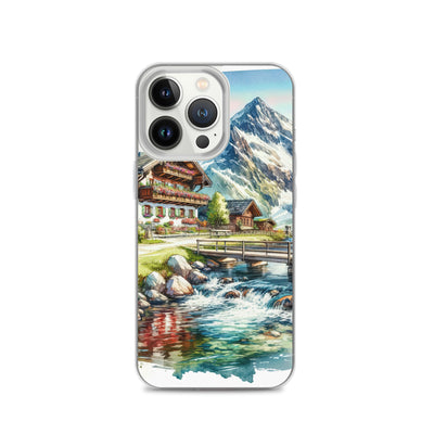 Aquarell der frühlingshaften Alpenkette mit österreichischer Flagge und schmelzendem Schnee - iPhone Schutzhülle (durchsichtig) berge xxx yyy zzz iPhone 13 Pro