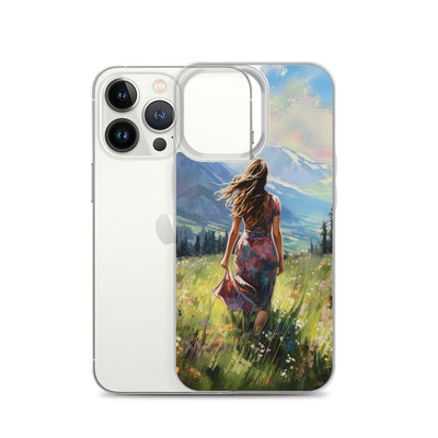 Frau mit langen Kleid im Feld mit Blumen - Berge im Hintergrund - Malerei - iPhone Schutzhülle (durchsichtig) berge xxx