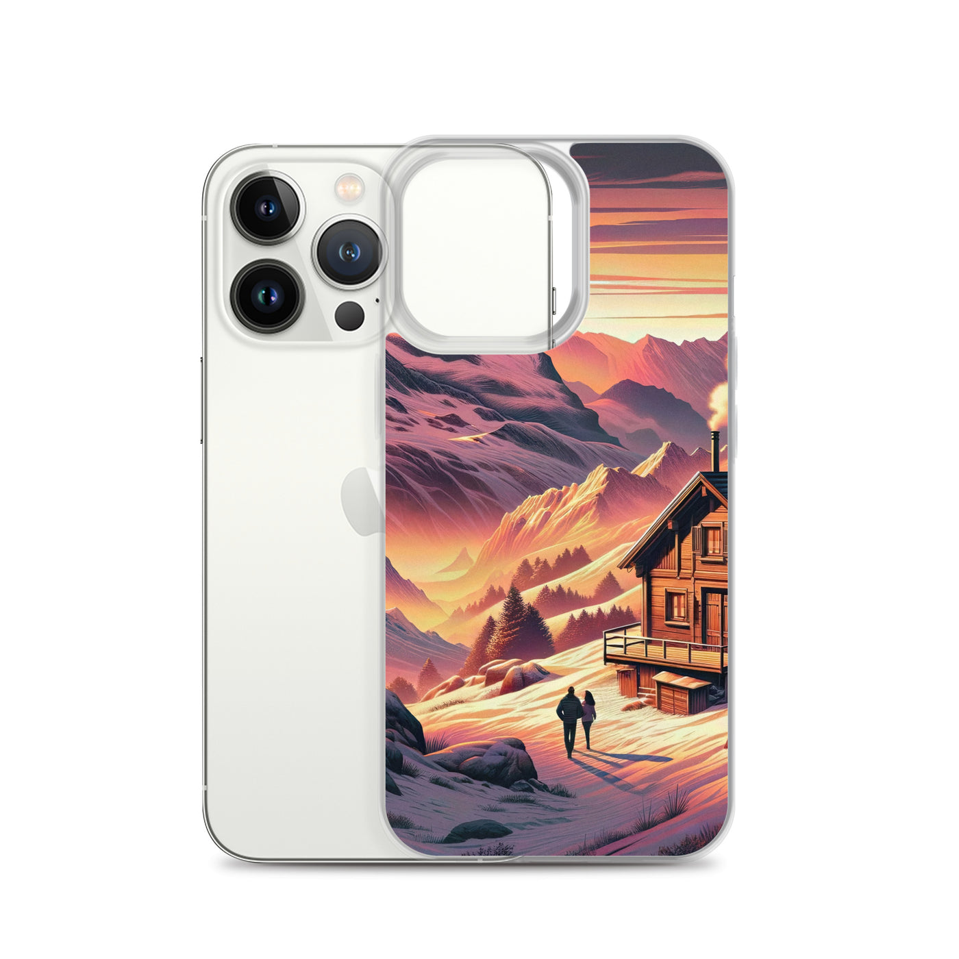 Berghütte im goldenen Sonnenuntergang: Digitale Alpenillustration - iPhone Schutzhülle (durchsichtig) berge xxx yyy zzz