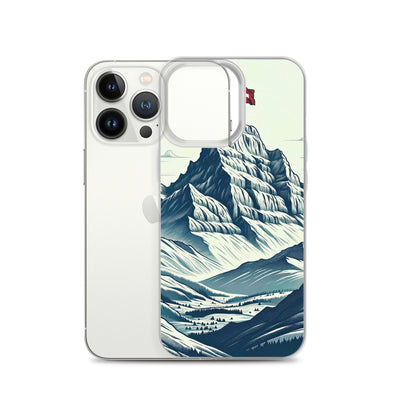 Ausgedehnte Bergkette mit dominierendem Gipfel und wehender Schweizer Flagge - iPhone Schutzhülle (durchsichtig) berge xxx yyy zzz