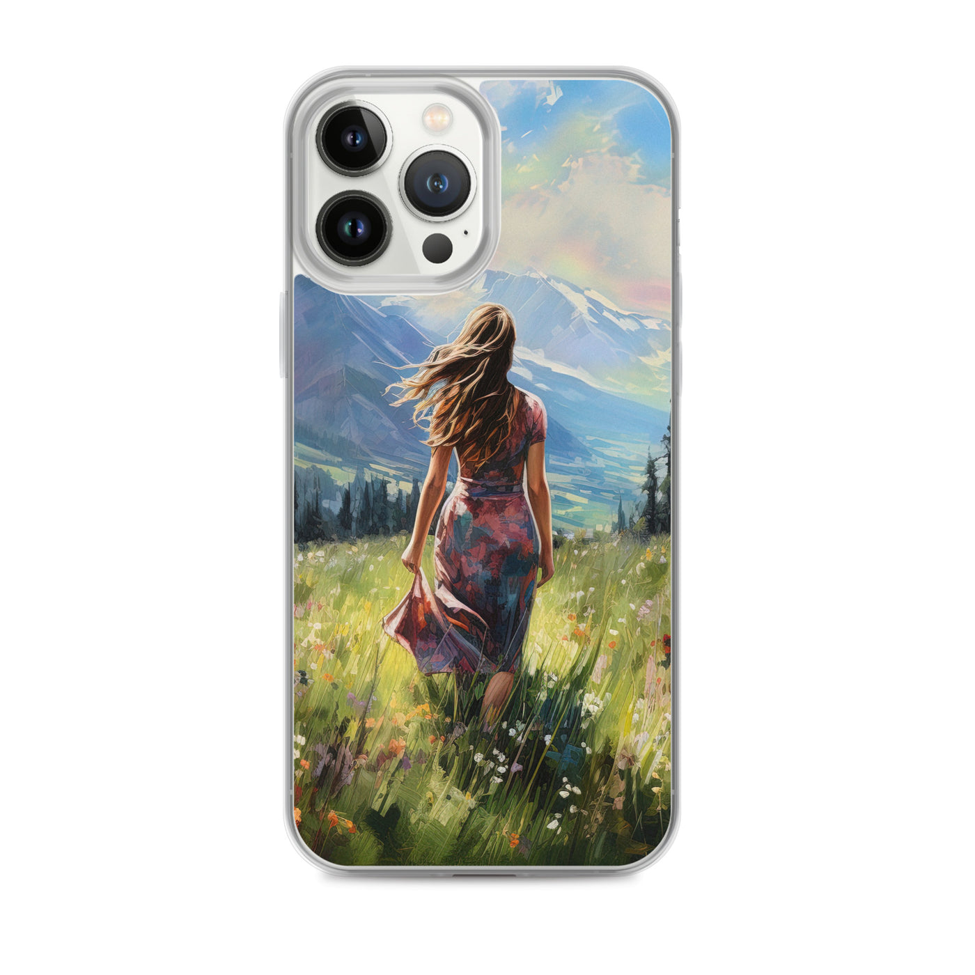 Frau mit langen Kleid im Feld mit Blumen - Berge im Hintergrund - Malerei - iPhone Schutzhülle (durchsichtig) berge xxx iPhone 13 Pro Max