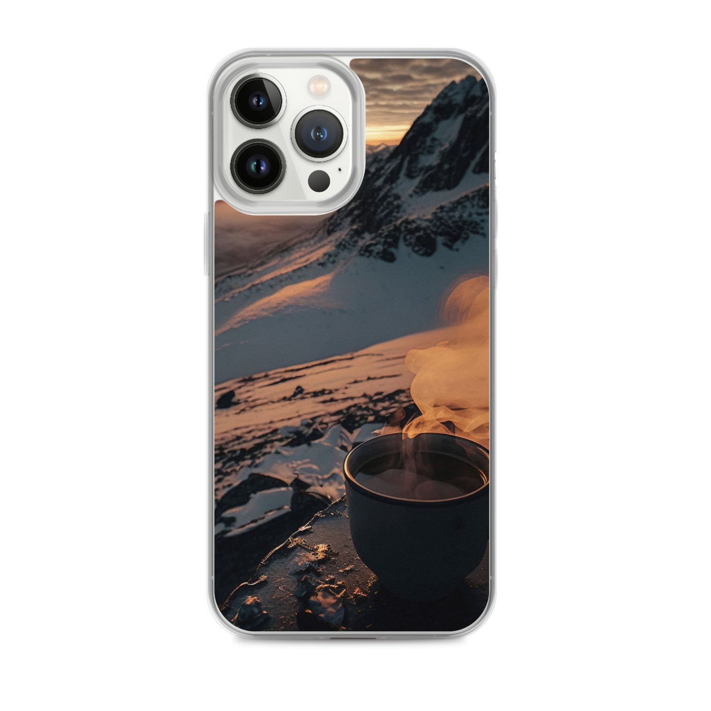 Heißer Kaffee auf einem schneebedeckten Berg - iPhone Schutzhülle (durchsichtig) berge xxx iPhone 13 Pro Max