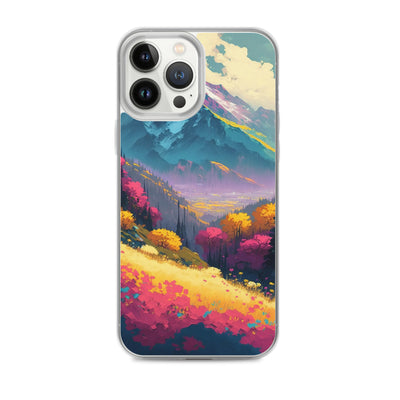 Berge, pinke und gelbe Bäume, sowie Blumen - Farbige Malerei - iPhone Schutzhülle (durchsichtig) berge xxx iPhone 13 Pro Max