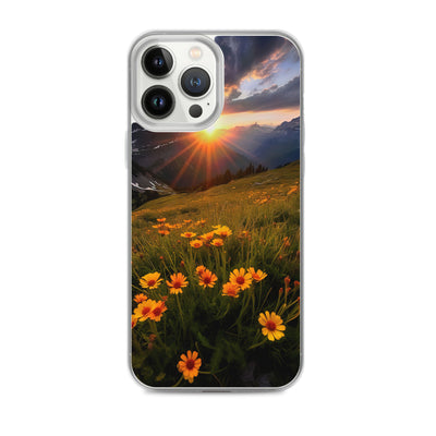 Gebirge, Sonnenblumen und Sonnenaufgang - iPhone Schutzhülle (durchsichtig) berge xxx iPhone 13 Pro Max