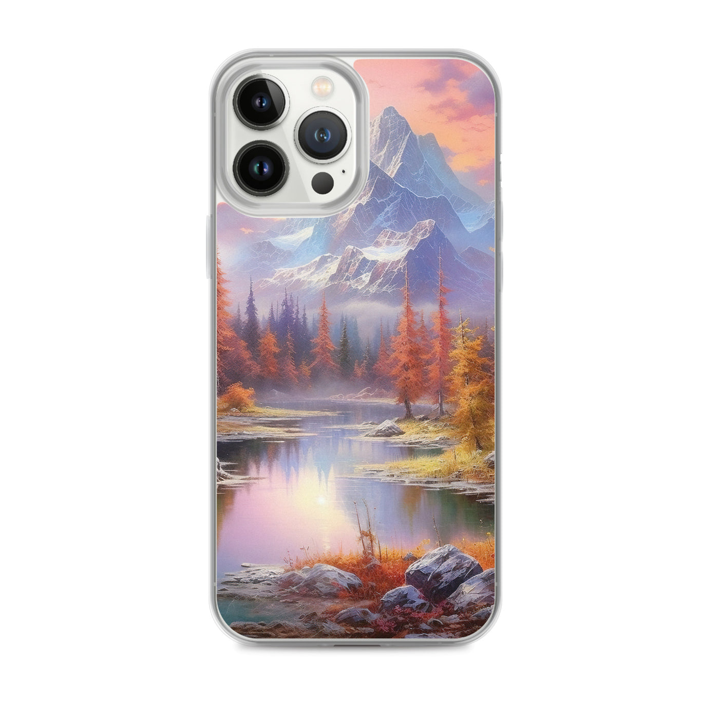 Landschaftsmalerei - Berge, Bäume, Bergsee und Herbstfarben - iPhone Schutzhülle (durchsichtig) berge xxx iPhone 13 Pro Max