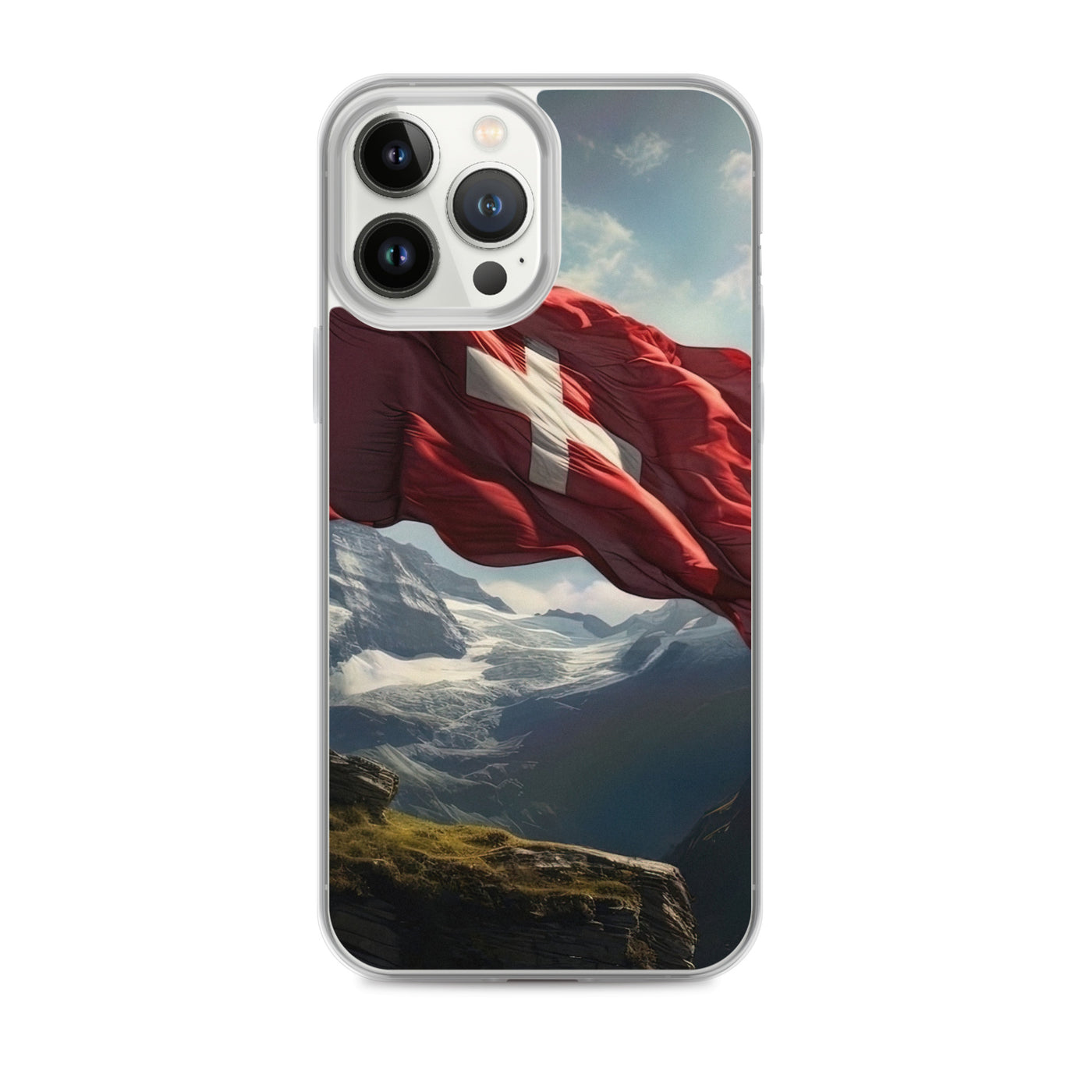 Schweizer Flagge und Berge im Hintergrund - Fotorealistische Malerei - iPhone Schutzhülle (durchsichtig) berge xxx iPhone 13 Pro Max