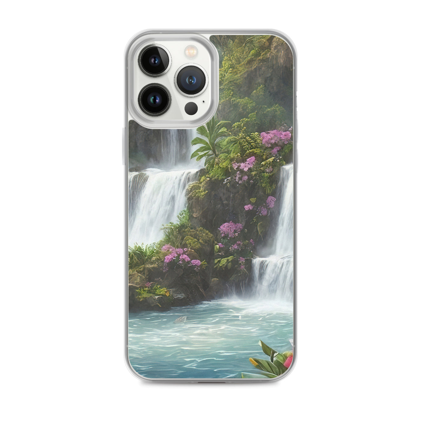 Wasserfall im Wald und Blumen - Schöne Malerei - iPhone Schutzhülle (durchsichtig) camping xxx iPhone 13 Pro Max