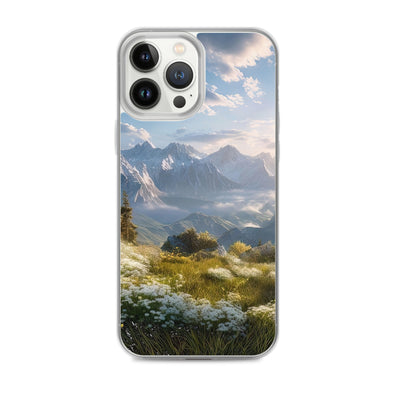 Berglandschaft mit Sonnenschein, Blumen und Bäumen - Malerei - iPhone Schutzhülle (durchsichtig) berge xxx iPhone 13 Pro Max