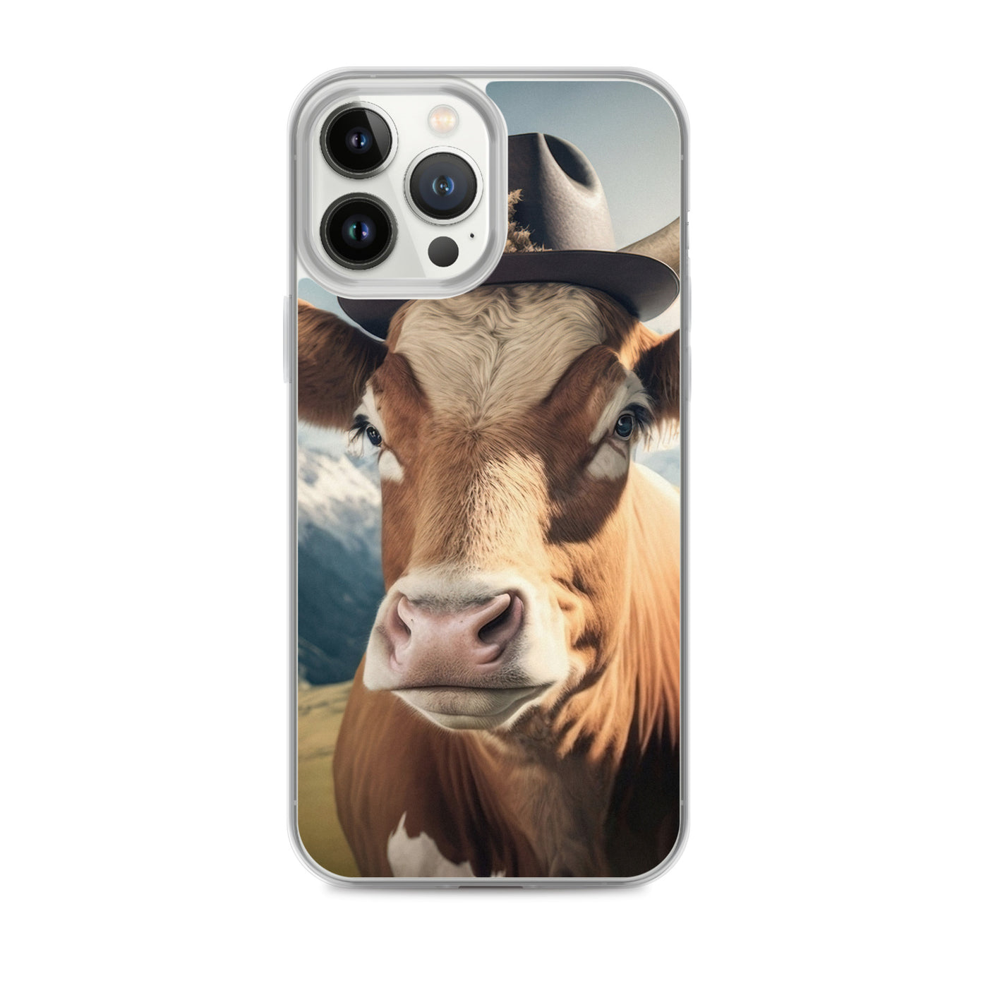 Kuh mit Hut in den Alpen - Berge im Hintergrund - Landschaftsmalerei - iPhone Schutzhülle (durchsichtig) berge xxx iPhone 13 Pro Max