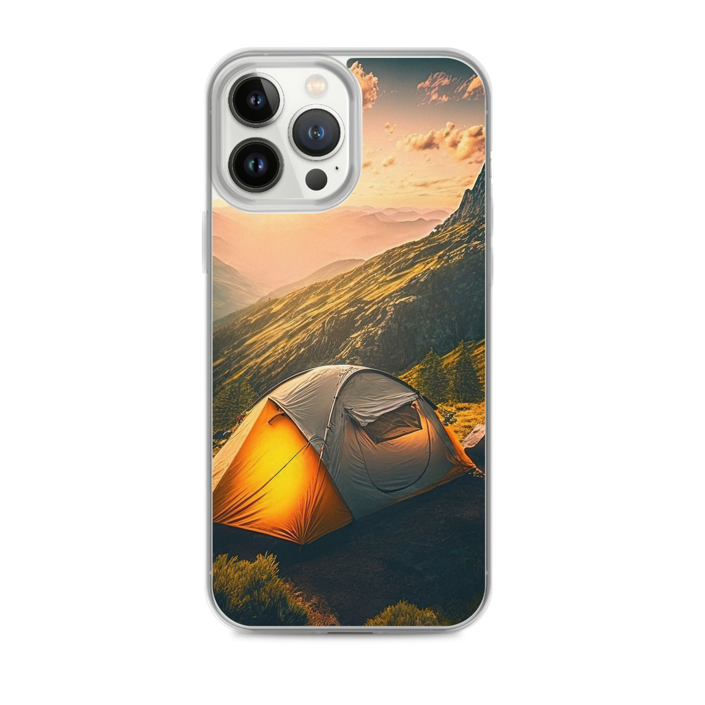 Zelt auf Berg im Sonnenaufgang - Landschafts - iPhone Schutzhülle (durchsichtig) camping xxx iPhone 13 Pro Max
