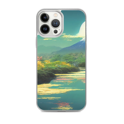 Berg, See und Wald mit pinken Bäumen - Landschaftsmalerei - iPhone Schutzhülle (durchsichtig) berge xxx iPhone 13 Pro Max