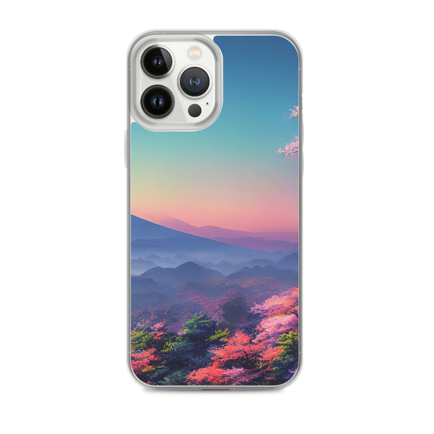 Berg und Wald mit pinken Bäumen - Landschaftsmalerei - iPhone Schutzhülle (durchsichtig) berge xxx iPhone 13 Pro Max