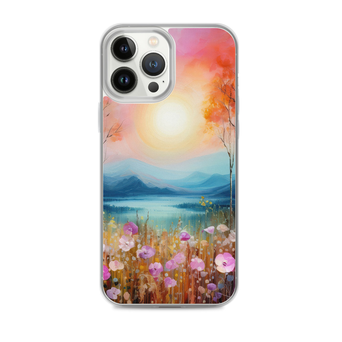 Berge, See, pinke Bäume und Blumen - Malerei - iPhone Schutzhülle (durchsichtig) berge xxx iPhone 13 Pro Max