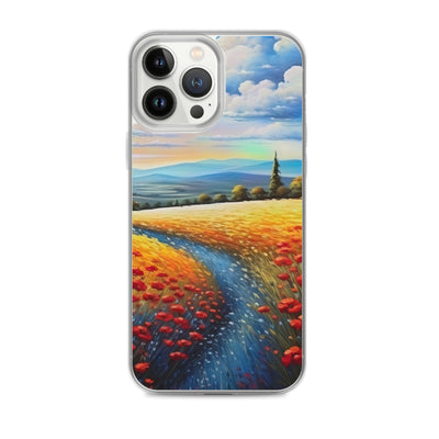 Feld mit roten Blumen und Berglandschaft - Landschaftsmalerei - iPhone Schutzhülle (durchsichtig) berge xxx iPhone 13 Pro Max