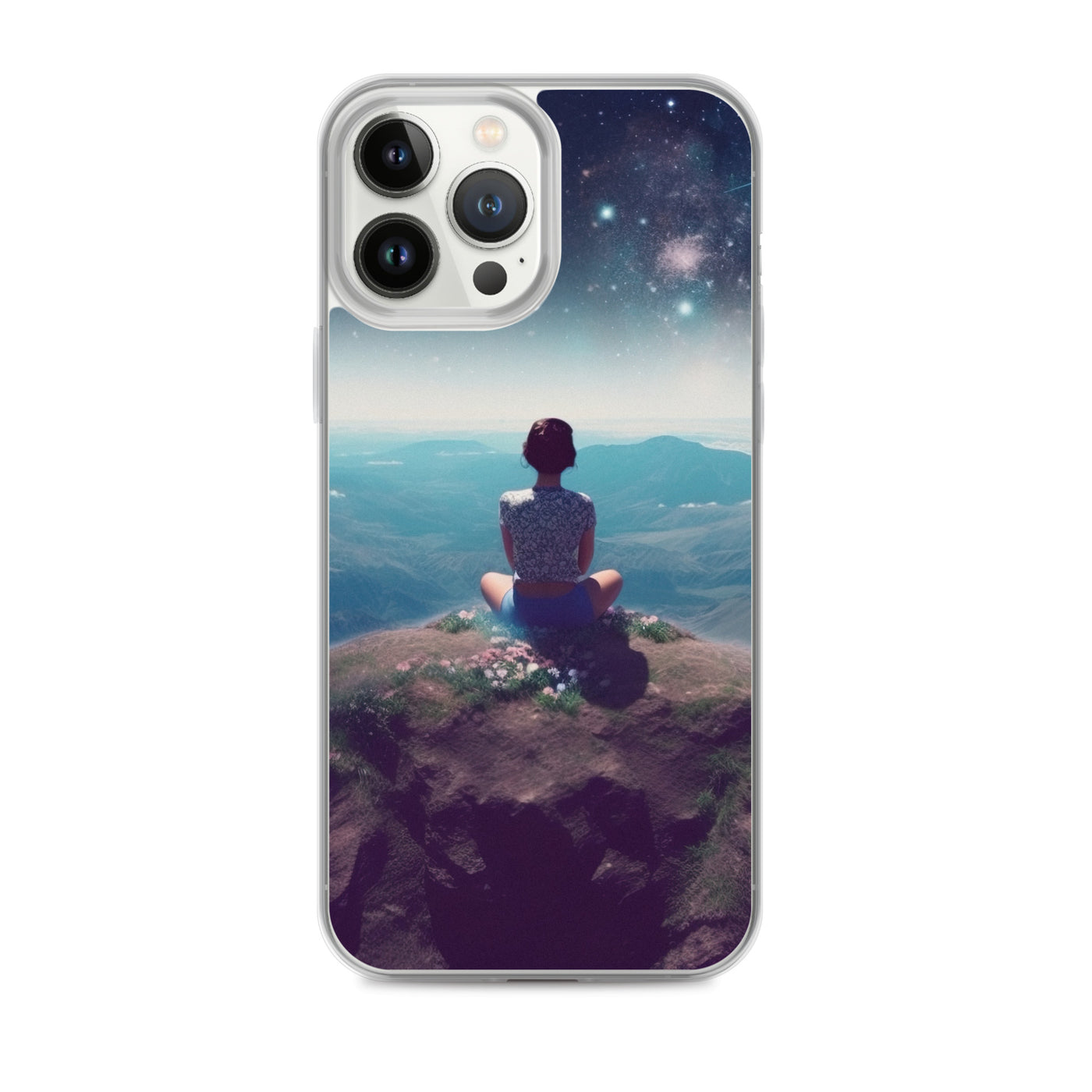 Frau sitzt auf Berg – Cosmos und Sterne im Hintergrund - Landschaftsmalerei - iPhone Schutzhülle (durchsichtig) berge xxx iPhone 13 Pro Max