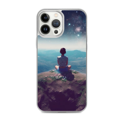 Frau sitzt auf Berg – Cosmos und Sterne im Hintergrund - Landschaftsmalerei - iPhone Schutzhülle (durchsichtig) berge xxx iPhone 13 Pro Max