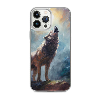 Heulender Wolf auf Berggipfel und Mond im Hintergrund – Abstrakte Malerei - iPhone Schutzhülle (durchsichtig) camping xxx iPhone 13 Pro Max