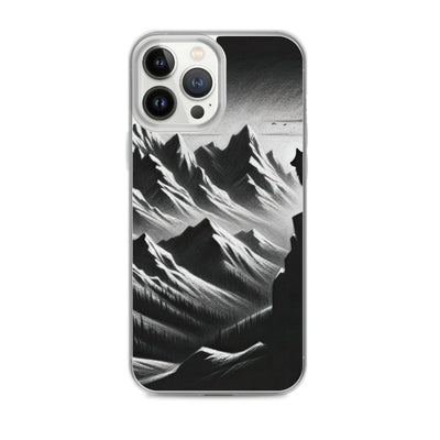Kohlezeichnung, die die stille Stille der Alpen in der Winterdämmerung verkörpert. Wolf auf einem Berghügel (AN) - iPhone Schutzhülle (durchsichtig) xxx yyy zzz iPhone 13 Pro Max