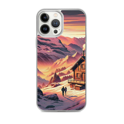Berghütte im goldenen Sonnenuntergang: Digitale Alpenillustration - iPhone Schutzhülle (durchsichtig) berge xxx yyy zzz iPhone 13 Pro Max