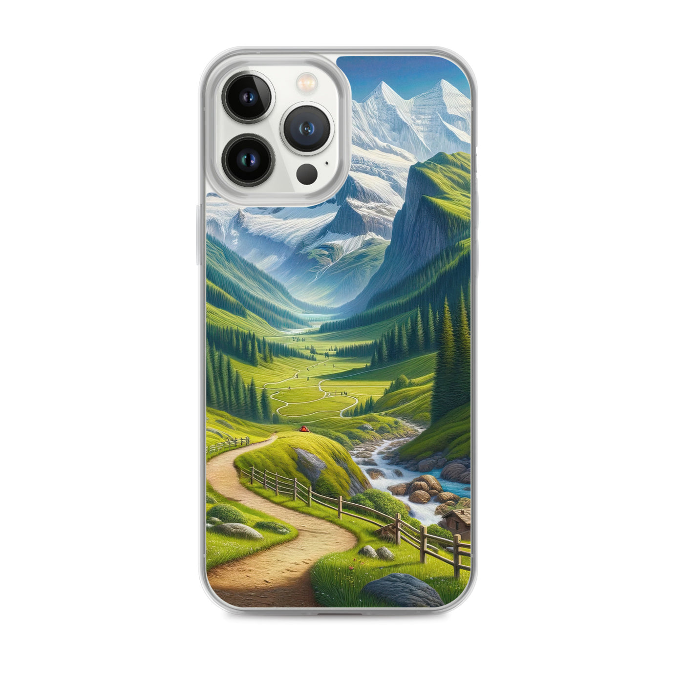 Wanderer in den Bergen und Wald: Digitale Malerei mit grünen kurvenreichen Pfaden - iPhone Schutzhülle (durchsichtig) wandern xxx yyy zzz iPhone 13 Pro Max