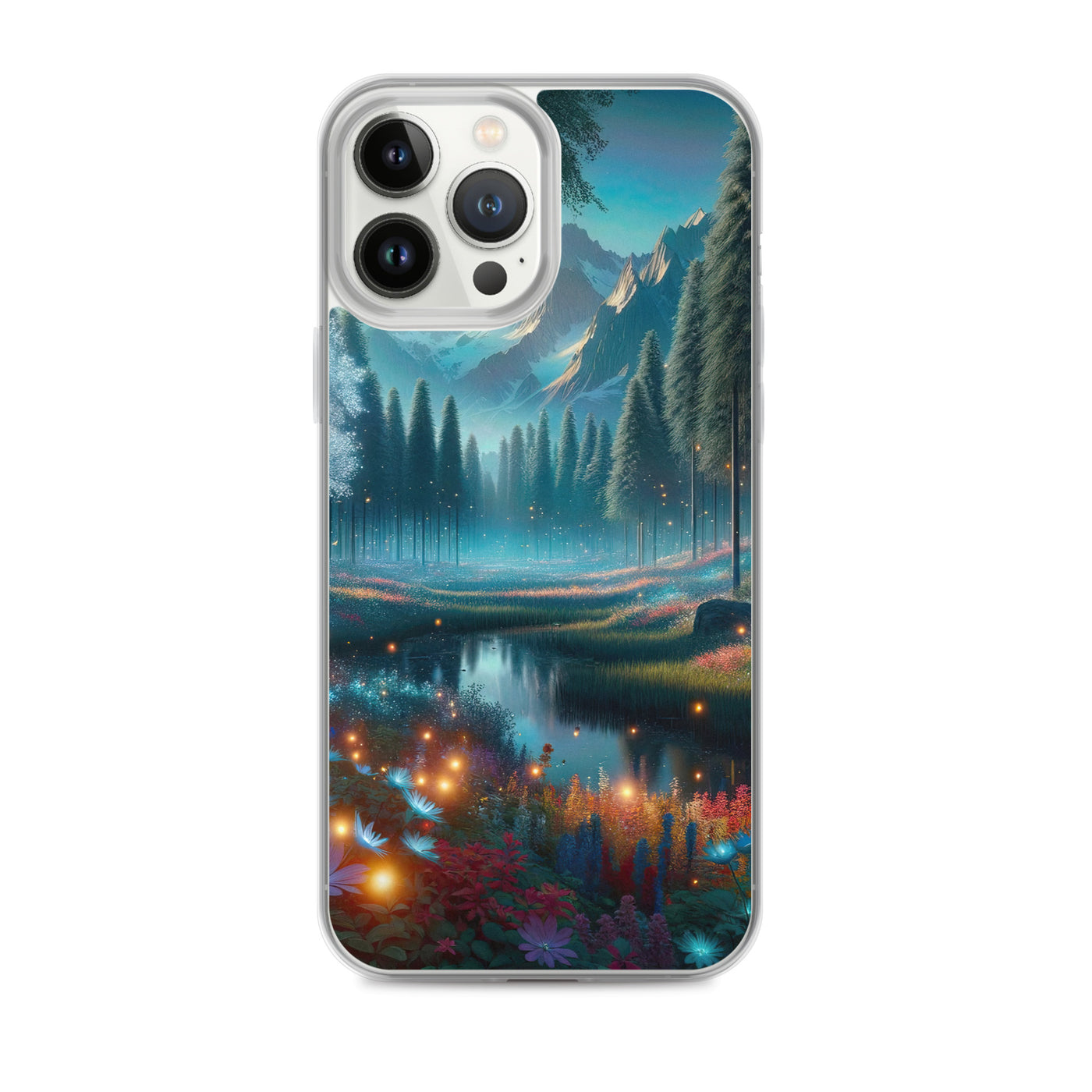 Ätherischer Alpenwald: Digitale Darstellung mit leuchtenden Bäumen und Blumen - iPhone Schutzhülle (durchsichtig) camping xxx yyy zzz iPhone 13 Pro Max