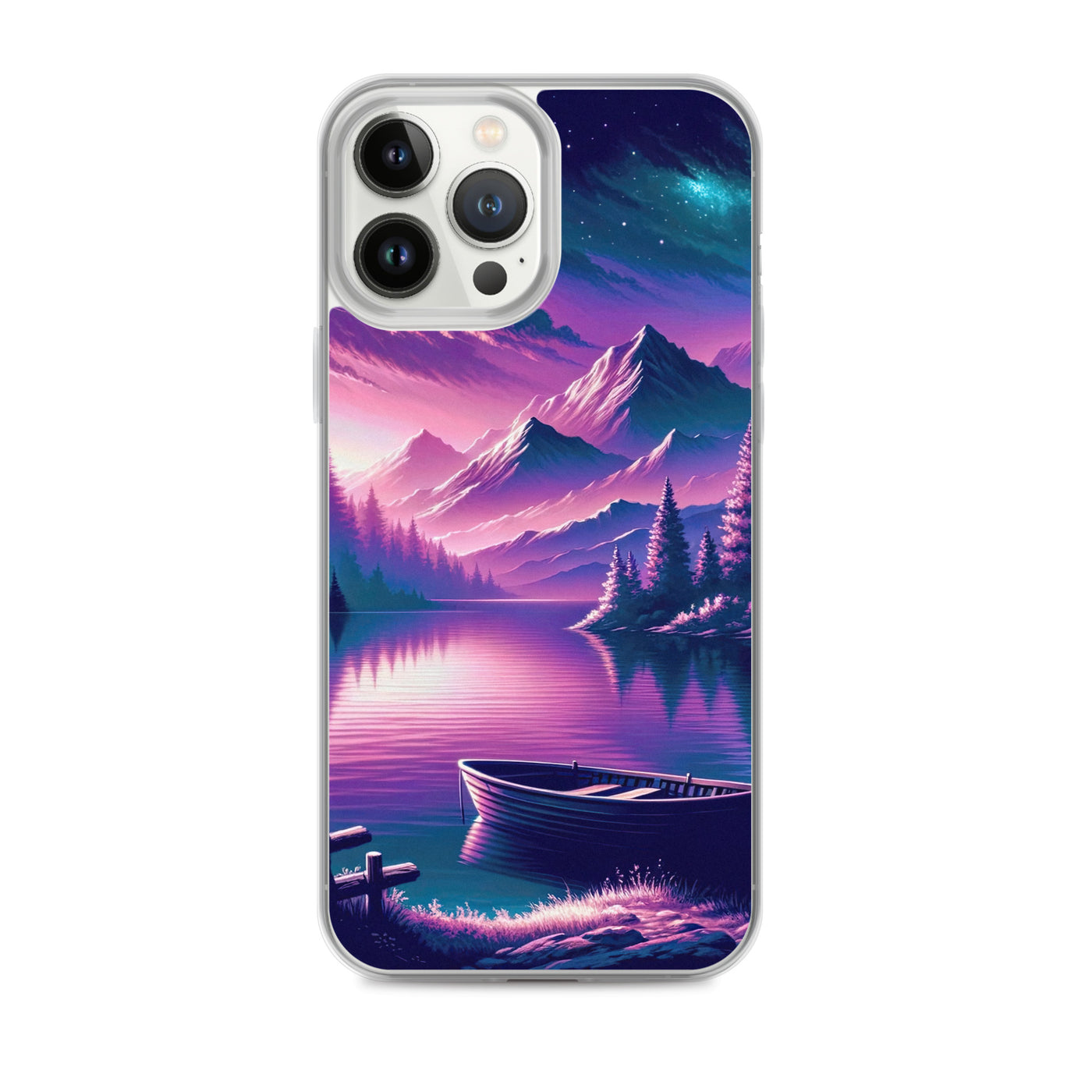 Magische Alpen-Dämmerung, rosa-lila Himmel und Bergsee mit Boot - iPhone Schutzhülle (durchsichtig) berge xxx yyy zzz iPhone 13 Pro Max
