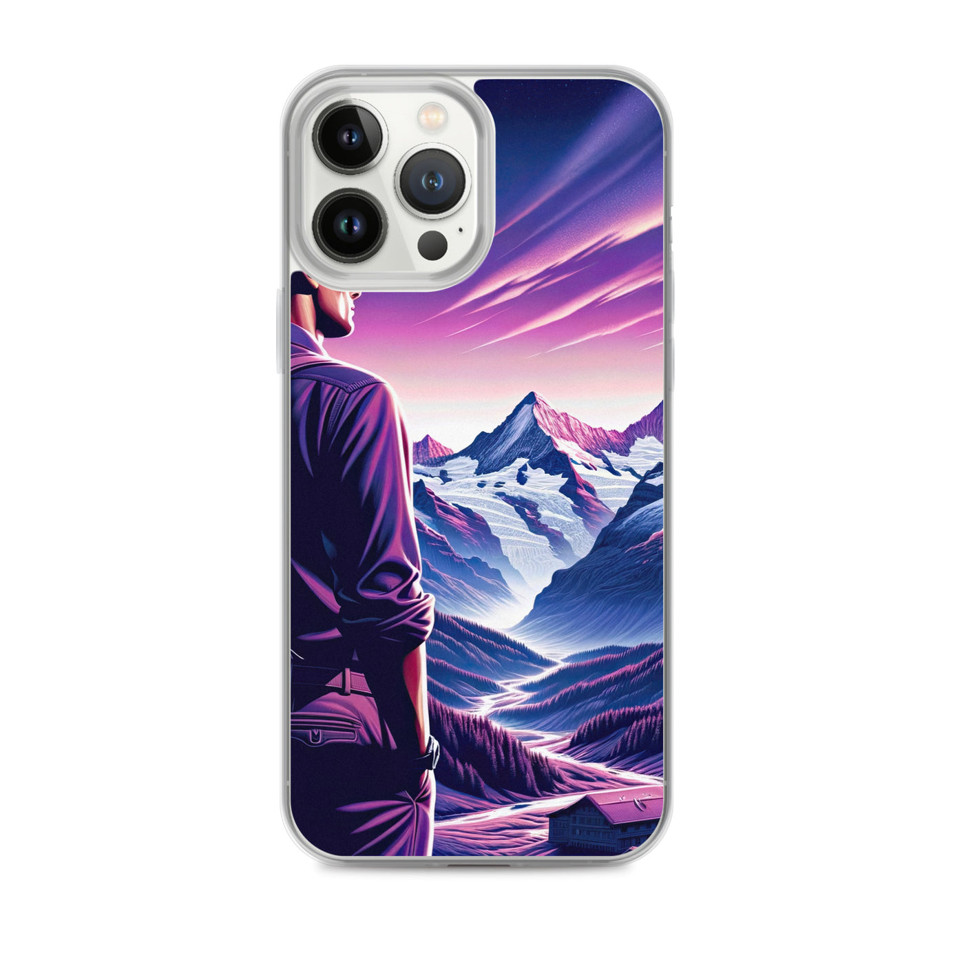 Wanderer in alpiner Dämmerung, schneebedeckte Gipfel ins Unendliche - iPhone Schutzhülle (durchsichtig) wandern xxx yyy zzz iPhone 13 Pro Max