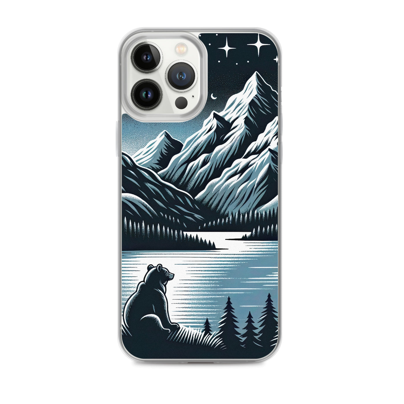 Bär in Alpen-Mondnacht, silberne Berge, schimmernde Seen - iPhone Schutzhülle (durchsichtig) camping xxx yyy zzz iPhone 13 Pro Max