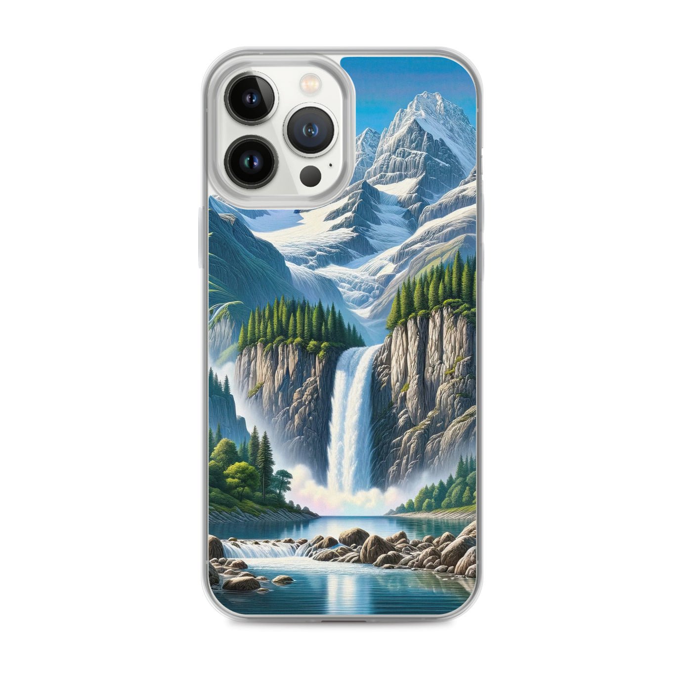 Illustration einer unberührten Alpenkulisse im Hochsommer. Wasserfall und See - iPhone Schutzhülle (durchsichtig) berge xxx yyy zzz iPhone 13 Pro Max