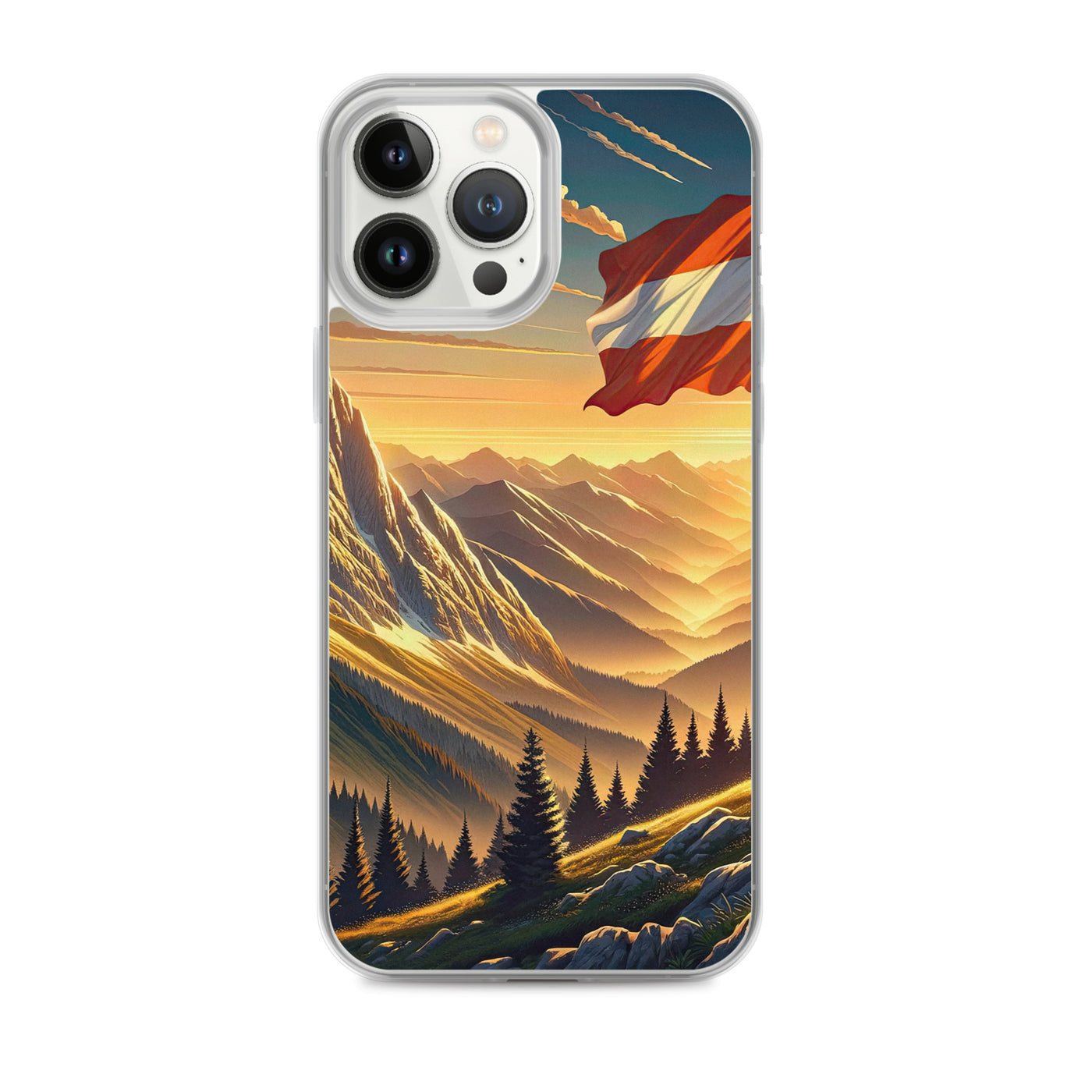Ruhiger Alpenabend mit österreichischer Flagge und goldenem Sonnenuntergang - iPhone Schutzhülle (durchsichtig) berge xxx yyy zzz iPhone 13 Pro Max
